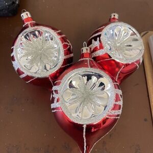 Vtg Glass Jumbo Red & Silver Indent Teardrop Christmas Ornament 5"